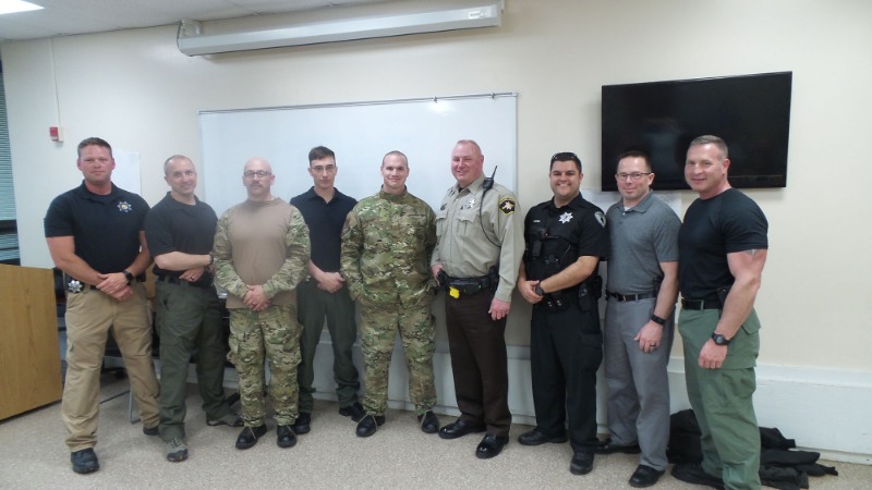 Local Law Enforcement Officers Who Presented today's training. L to R - Deputy Richmond, Sheriff's Dept; Officer Banks, Bourb PD; Deputy Winger, Sheriff's Dept; Officer Czako, Bourb PD; Deputy Rushing and Deputy Belcher, Sheriff's Dept; Officer Garcia and