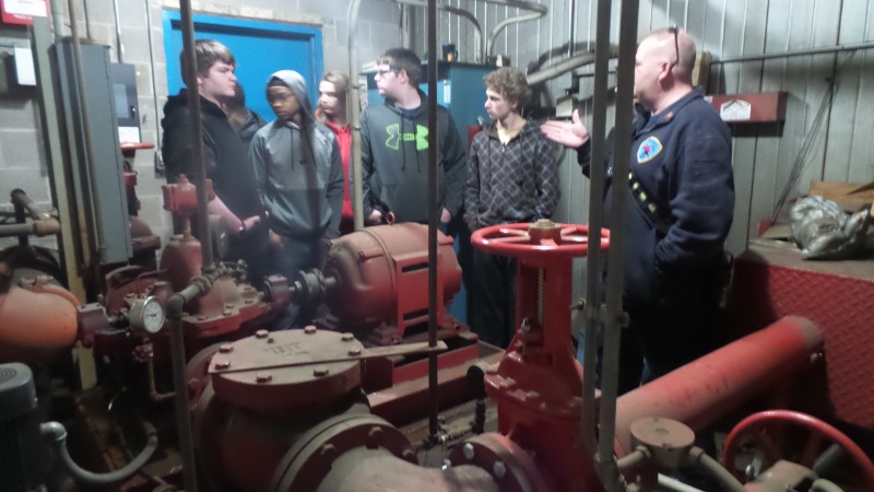 KACC Students on Field Trip Touring Commercial Building's Sprinkler System and Stand Pipe Systems.