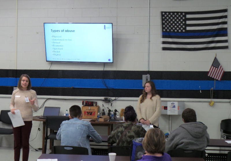 Jenny Schoenwetter and Morgan DePatis speaking with Law Enforcement Students