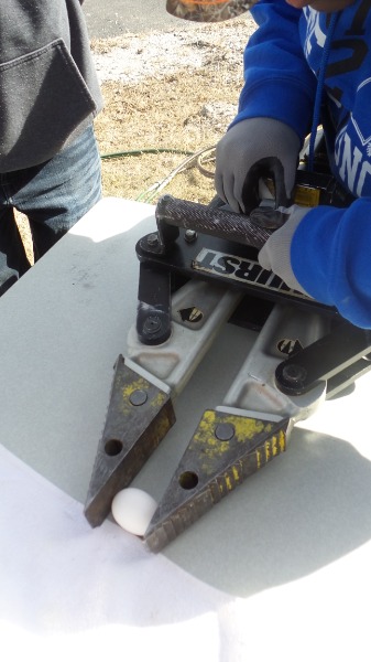 Picture of KACC Student utilizing Jaws of Life to pick up an Egg