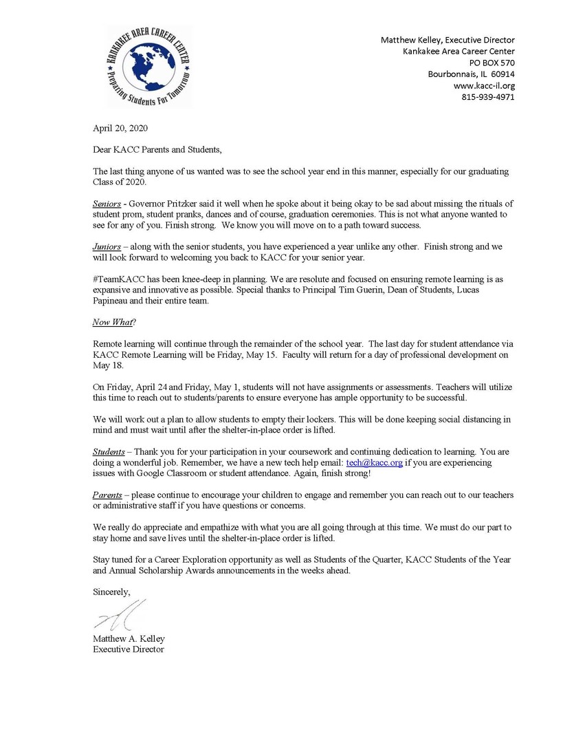 Letter from Executive Director Matt Kelley Regarding COVID19 Plan
